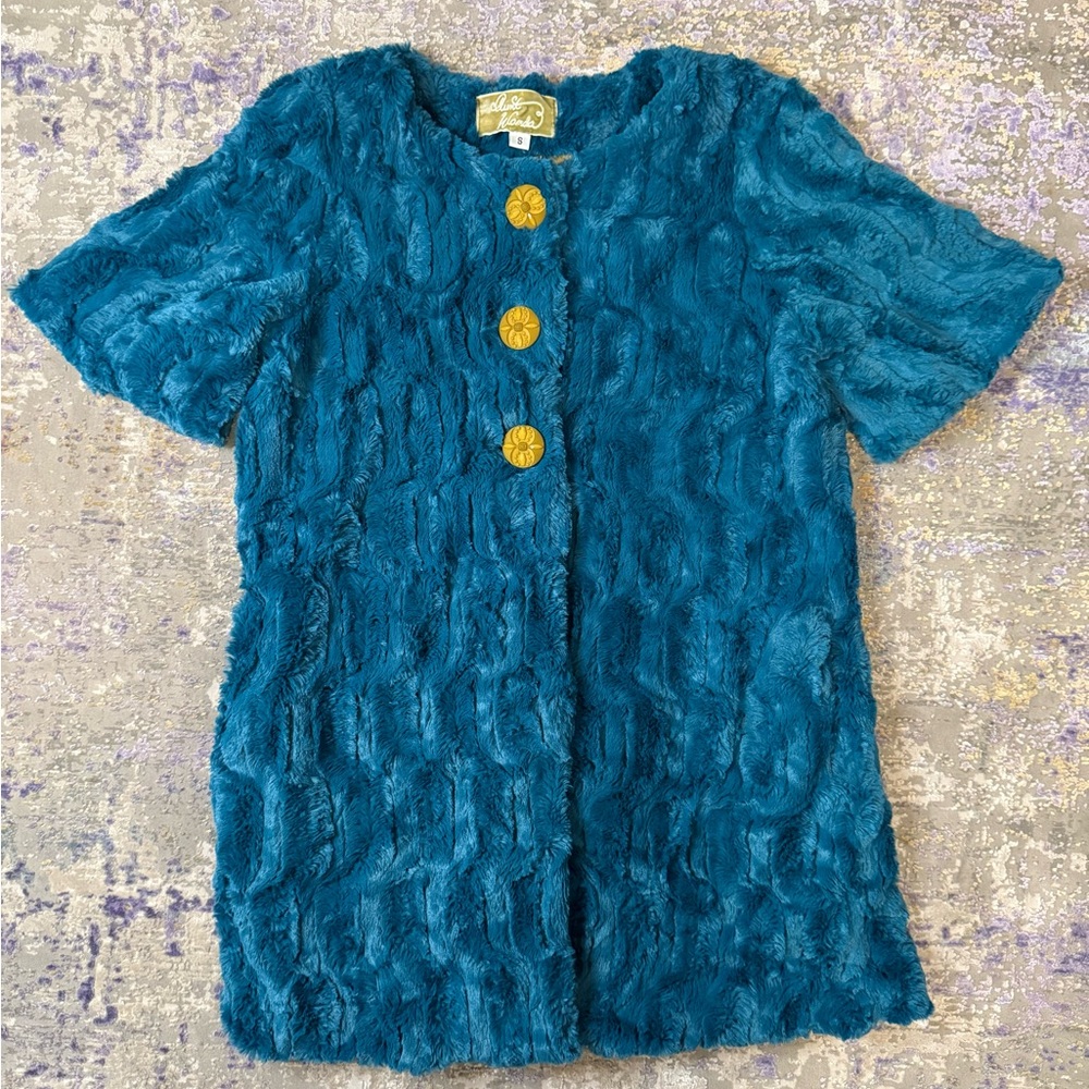 Vintage Aunt Wanda Teal Faux Fur Jacket with Yellow Buttons